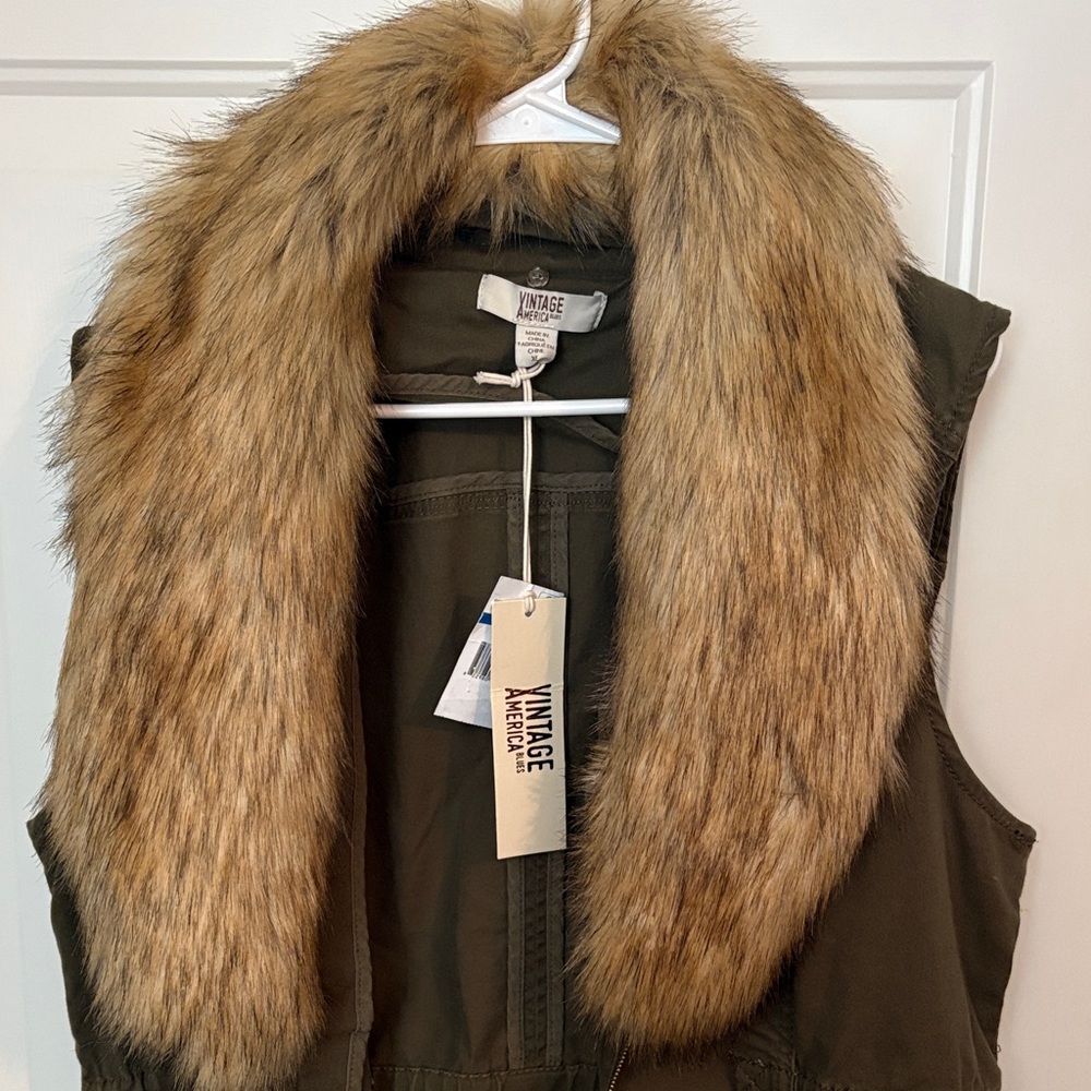 Vintage America Olive Utility Vest with Brown Faux Fur Collar Trim